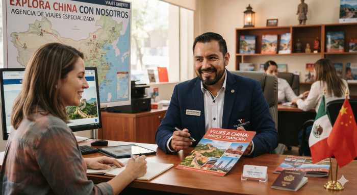 asesor de viajes con las banderas de México y China de fondo